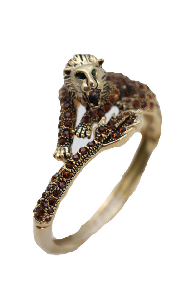 Brand New Women Wrist Cuff Bracelet Gold Metal Lion Brown Bling Fashion Jewelry Safari