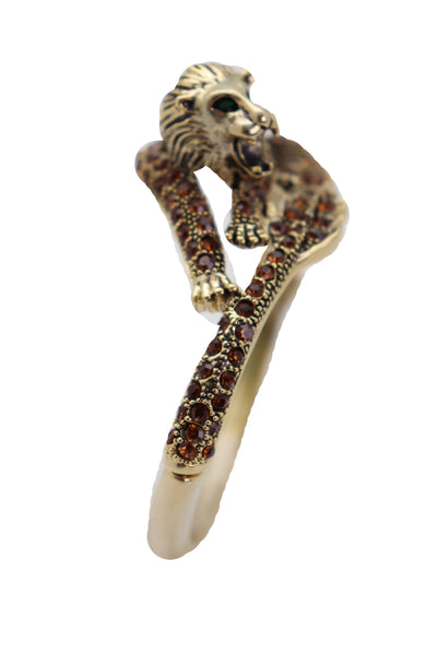 Brand New Women Wrist Cuff Bracelet Gold Metal Lion Brown Bling Fashion Jewelry Safari