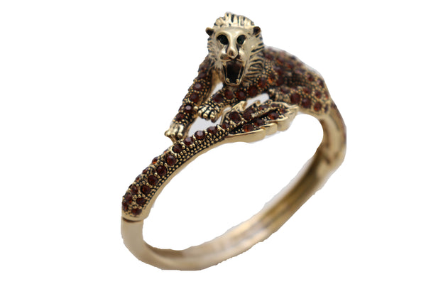 Brand New Women Wrist Cuff Bracelet Gold Metal Lion Brown Bling Fashion Jewelry Safari