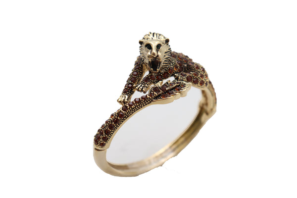 Brand New Women Wrist Cuff Bracelet Gold Metal Lion Brown Bling Fashion Jewelry Safari