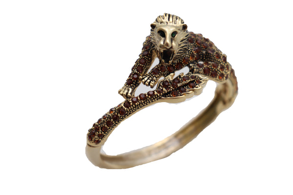 Brand New Women Wrist Cuff Bracelet Gold Metal Lion Brown Bling Fashion Jewelry Safari
