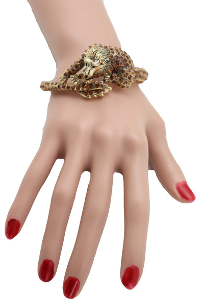Brand New Women Wrist Cuff Bracelet Gold Metal Lion Brown Bling Fashion Jewelry Safari