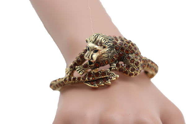 Brand New Women Wrist Cuff Bracelet Gold Metal Lion Brown Bling Fashion Jewelry Safari