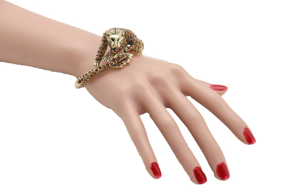 Brand New Women Wrist Cuff Bracelet Gold Metal Lion Brown Bling Fashion Jewelry Safari