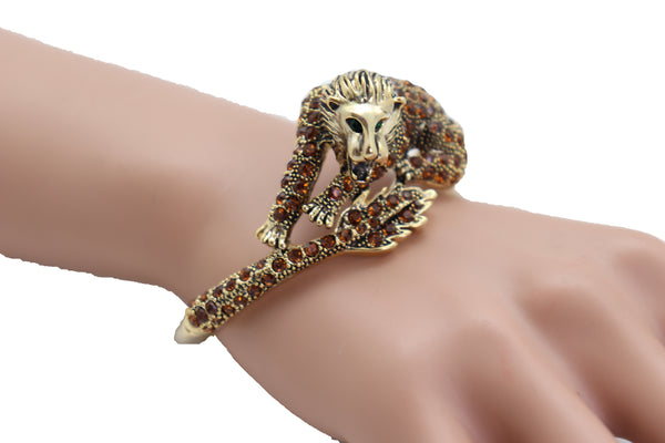 Brand New Women Wrist Cuff Bracelet Gold Metal Lion Brown Bling Fashion Jewelry Safari