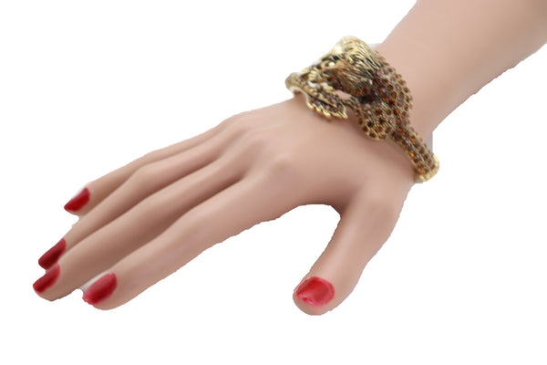 Brand New Women Wrist Cuff Bracelet Gold Metal Lion Brown Bling Fashion Jewelry Safari