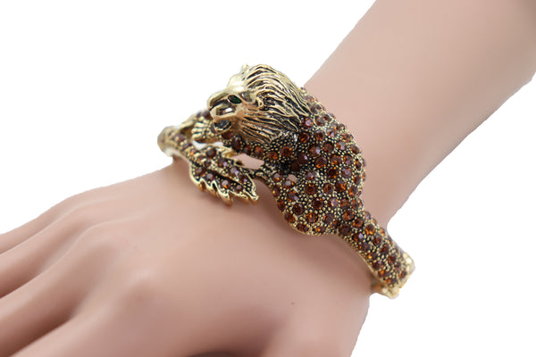 Brand New Women Wrist Cuff Bracelet Gold Metal Lion Brown Bling Fashion Jewelry Safari