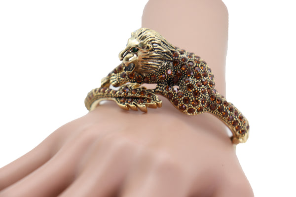 Brand New Women Wrist Cuff Bracelet Gold Metal Lion Brown Bling Fashion Jewelry Safari