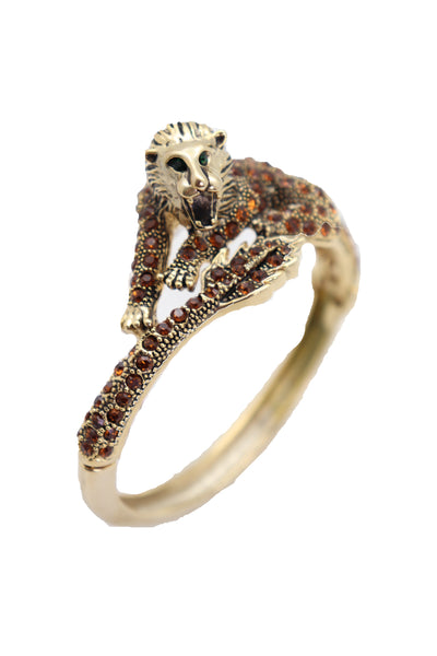Brand New Women Wrist Cuff Bracelet Gold Metal Lion Brown Bling Fashion Jewelry Safari