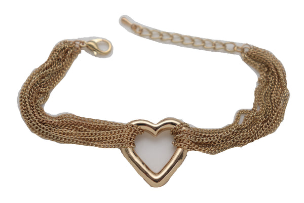 Brand New Women Jewelry Gold Metal Chain Links Multi Strands Bracelet Love Fun Heart Charm