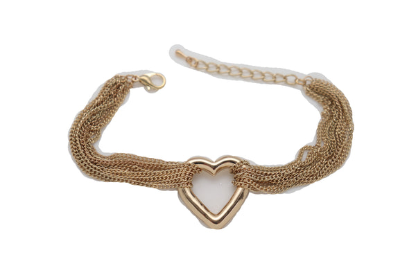 Brand New Women Jewelry Gold Metal Chain Links Multi Strands Bracelet Love Fun Heart Charm