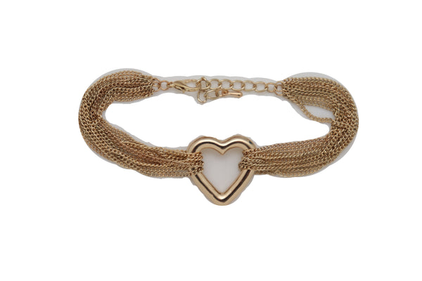 Brand New Women Jewelry Gold Metal Chain Links Multi Strands Bracelet Love Fun Heart Charm