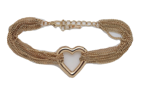 Brand New Women Jewelry Gold Metal Chain Links Multi Strands Bracelet Love Fun Heart Charm