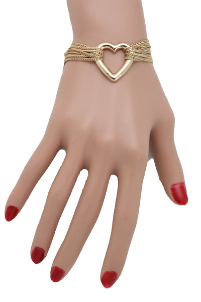 Brand New Women Jewelry Gold Metal Chain Links Multi Strands Bracelet Love Fun Heart Charm
