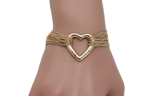 Brand New Women Jewelry Gold Metal Chain Links Multi Strands Bracelet Love Fun Heart Charm