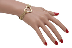 Jewelry Gold Metal Chain Links Multi Strands Bracelet Love Fun Heart Charm