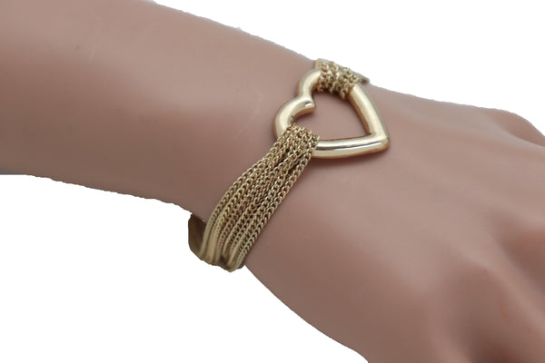 Brand New Women Jewelry Gold Metal Chain Links Multi Strands Bracelet Love Fun Heart Charm