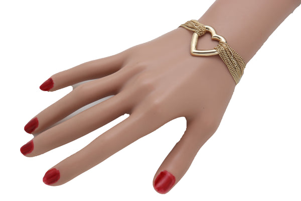 Brand New Women Jewelry Gold Metal Chain Links Multi Strands Bracelet Love Fun Heart Charm