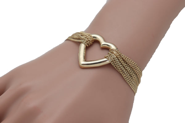 Brand New Women Jewelry Gold Metal Chain Links Multi Strands Bracelet Love Fun Heart Charm