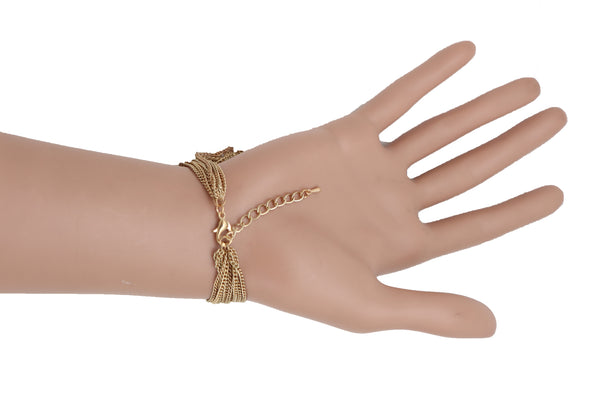 Brand New Women Jewelry Gold Metal Chain Links Multi Strands Bracelet Love Fun Heart Charm