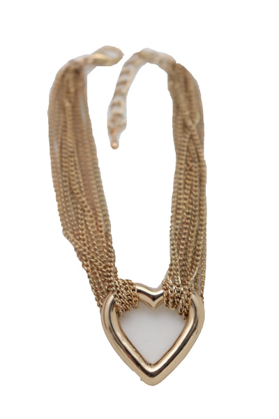 Brand New Women Jewelry Gold Metal Chain Links Multi Strands Bracelet Love Fun Heart Charm