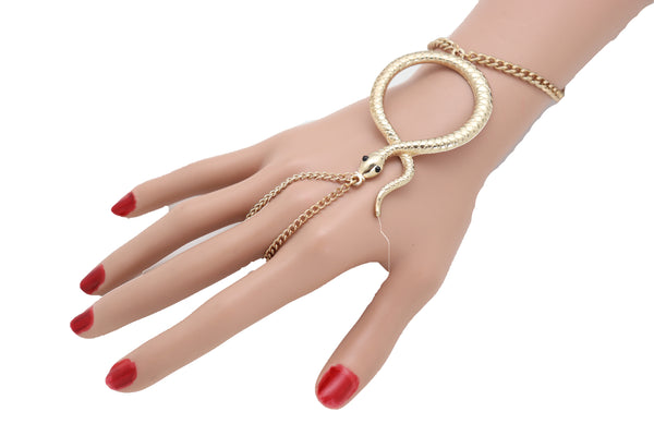 Brand New Women Fashion Bracelet Gold Metal Hand Chain Cobra Snake Jewelry Connected Ring