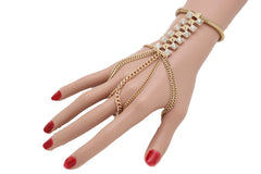 Gold Metal Hand Chain Wrist Bracelet Bling Connected Ring Tassel Fringes