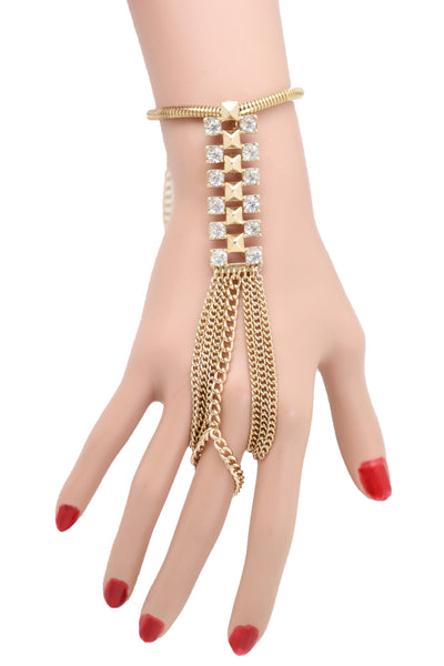 Brand New Women Gold Metal Hand Chain Wrist Bracelet Bling Connected Ring Tassel Fringes