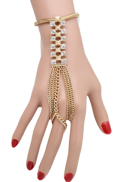 Brand New Women Gold Metal Hand Chain Wrist Bracelet Bling Connected Ring Tassel Fringes