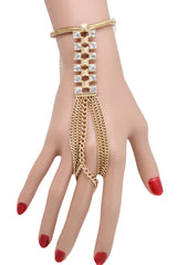 Gold Metal Hand Chain Wrist Bracelet Bling Connected Ring Tassel Fringes