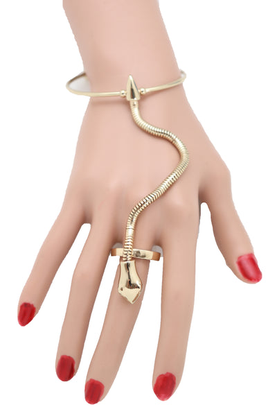 Brand New Women Cuff Bracelet Gold Metal Hand Chain Bohemian Fashion Jewelry Snake Ring Size 8