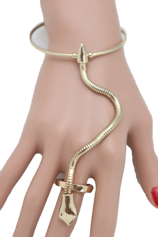 Brand New Women Cuff Bracelet Gold Metal Hand Chain Bohemian Fashion Jewelry Snake Ring Size 8