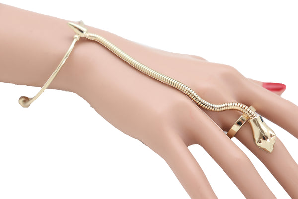 Brand New Women Cuff Bracelet Gold Metal Hand Chain Bohemian Fashion Jewelry Snake Ring Size 8