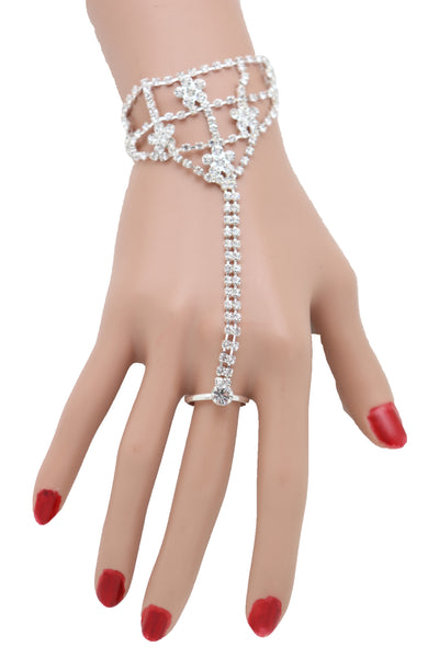 Women Silver Metal Hand Chain Bracelet Bling Flower Bead Charms Connected Slave Ring One Size
