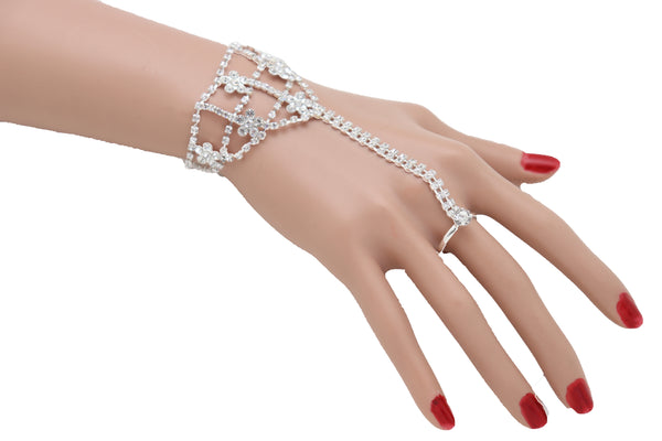 Women Silver Metal Hand Chain Bracelet Bling Flower Bead Charms Connected Slave Ring One Size