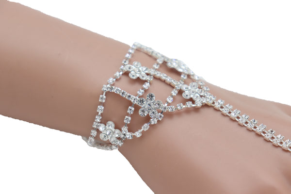Women Silver Metal Hand Chain Bracelet Bling Flower Bead Charms Connected Slave Ring One Size