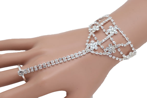 Women Silver Metal Hand Chain Bracelet Bling Flower Bead Charms Connected Slave Ring One Size