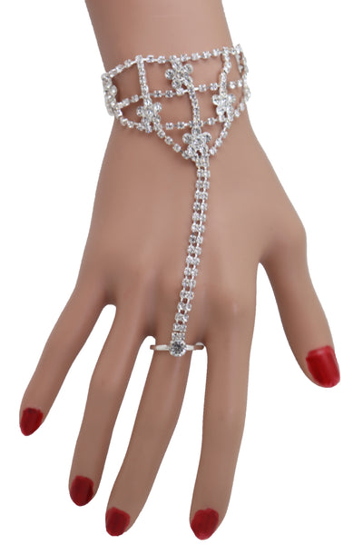 Women Silver Metal Hand Chain Bracelet Bling Flower Bead Charms Connected Slave Ring One Size
