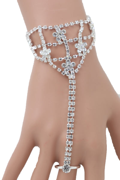 Women Silver Metal Hand Chain Bracelet Bling Flower Bead Charms Connected Slave Ring One Size