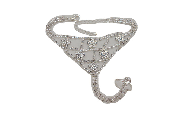 Women Silver Metal Hand Chain Bracelet Bling Flower Bead Charms Connected Slave Ring One Size