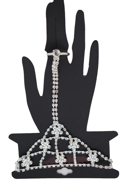 Women Silver Metal Hand Chain Bracelet Bling Flower Bead Charms Connected Slave Ring One Size