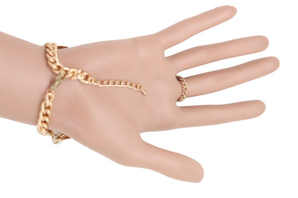 Brand New Women Wrist Bracelet Jewelry Gold Metal Hand Chain Ring Moon Crescent Charms Hot