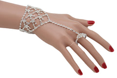 Silver Metal Bling Hand Chain Bracelet Sexy Connected Ring