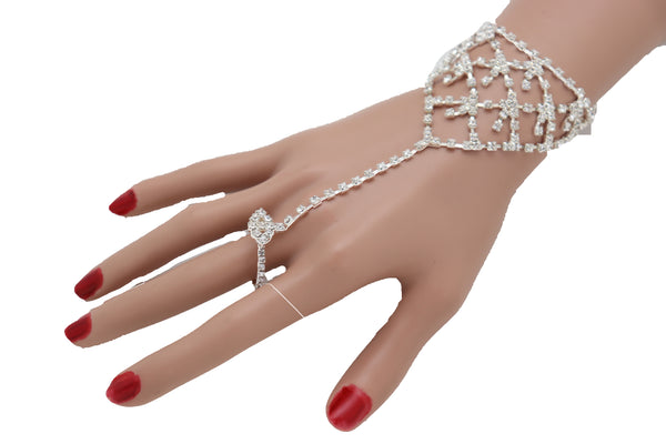 Brand New Women Silver Metal Bling Hand Chain Bracelet Sexy Fashion Jewelry Connected Ring
