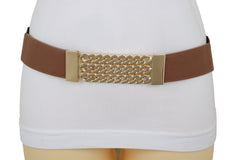 Brown Elastic Waistband Fashion Belt Gold Metal Chain Links Plate Size S M