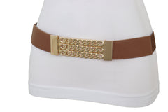 Brown Elastic Waistband Fashion Belt Gold Metal Chain Links Plate Size S M