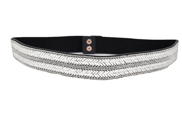 Brand New Women Dressy Fashion Black Elastic Band Belt Bling Silver Rhinestones Size S M