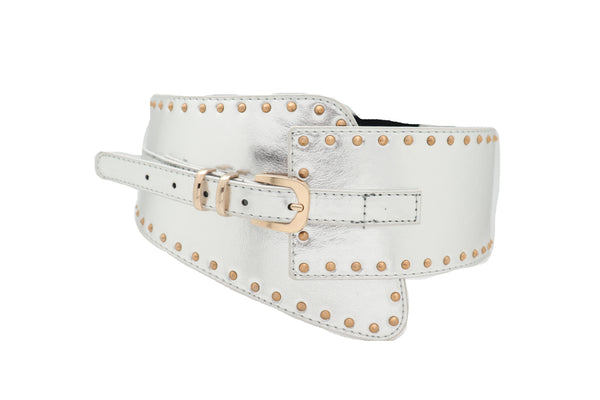 Brand New Women Wide Western Stretch Faux Leather Shiny Silver Fashion Belt Gold Stud XS S