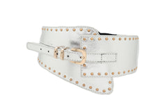 Wide Western Stretch Faux Leather Shiny Silver Fashion Belt Gold Stud XS S