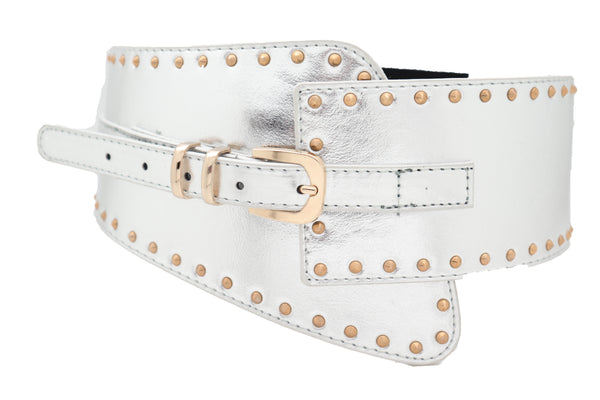 Brand New Women Wide Western Stretch Faux Leather Shiny Silver Fashion Belt Gold Stud XS S